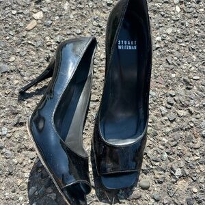 Stuart Weitzman Glossy Black Peep Toe Heels